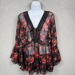Torrid Top Womens 1X Black Babydoll Romantic Feminine Blouse Sheer Whimsigoth